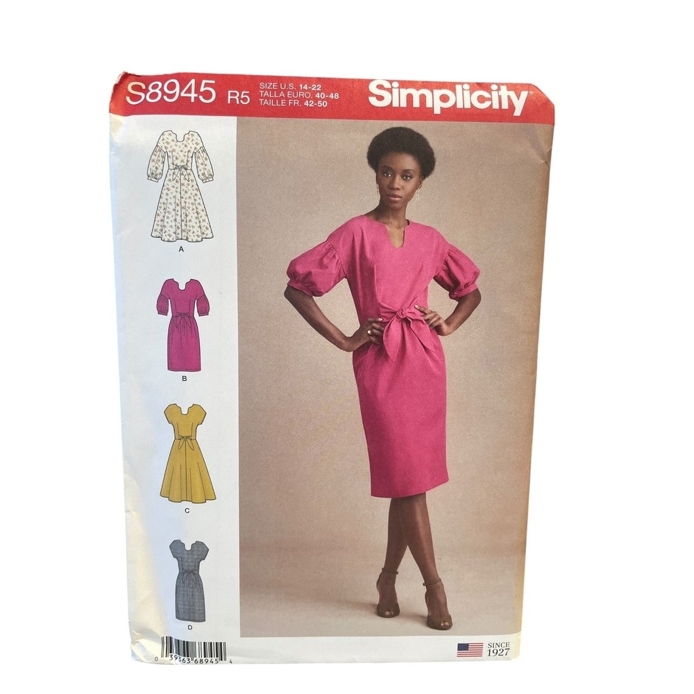 Simplicity S8945 Misses Petite Dresses Sizes 14-22 Modern Tie Front Puff Sleeve